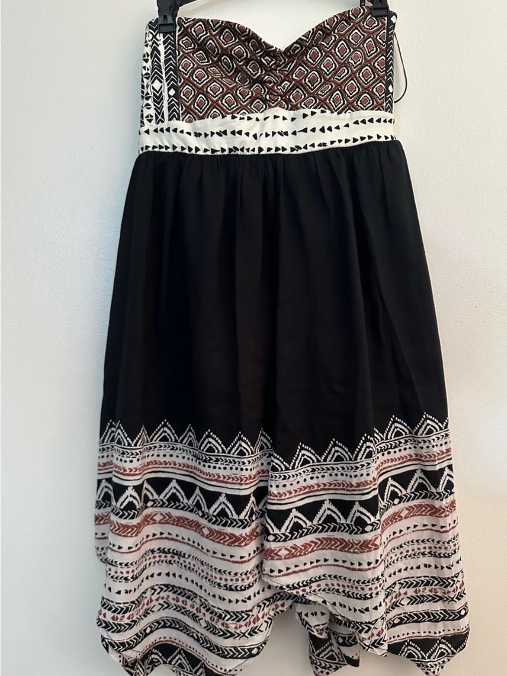 Volcom Black Strapless A-Line Dress with Rust and White Geometric Print